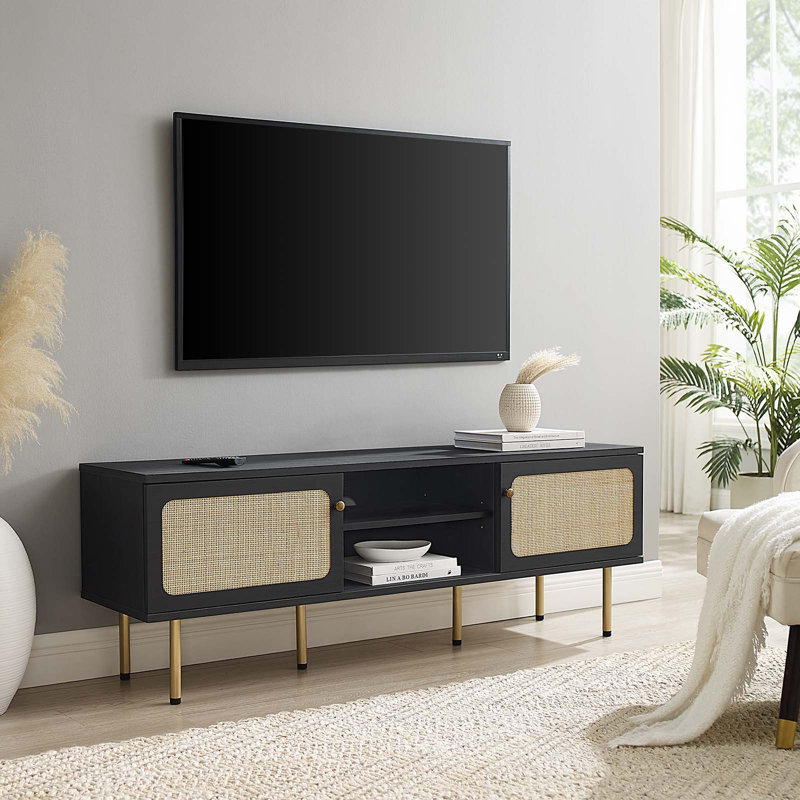 Cambria Black Rattan Weave 59" TV Stand with Cabinet
