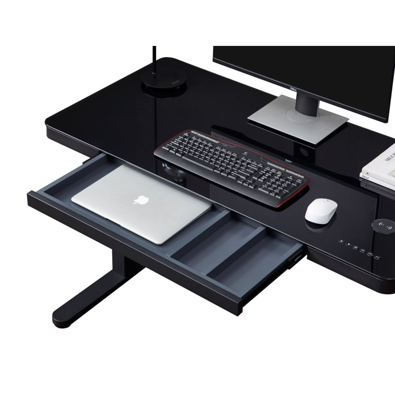 48" Black Glass Electric Height Adjustable Standing Desk with Drawer