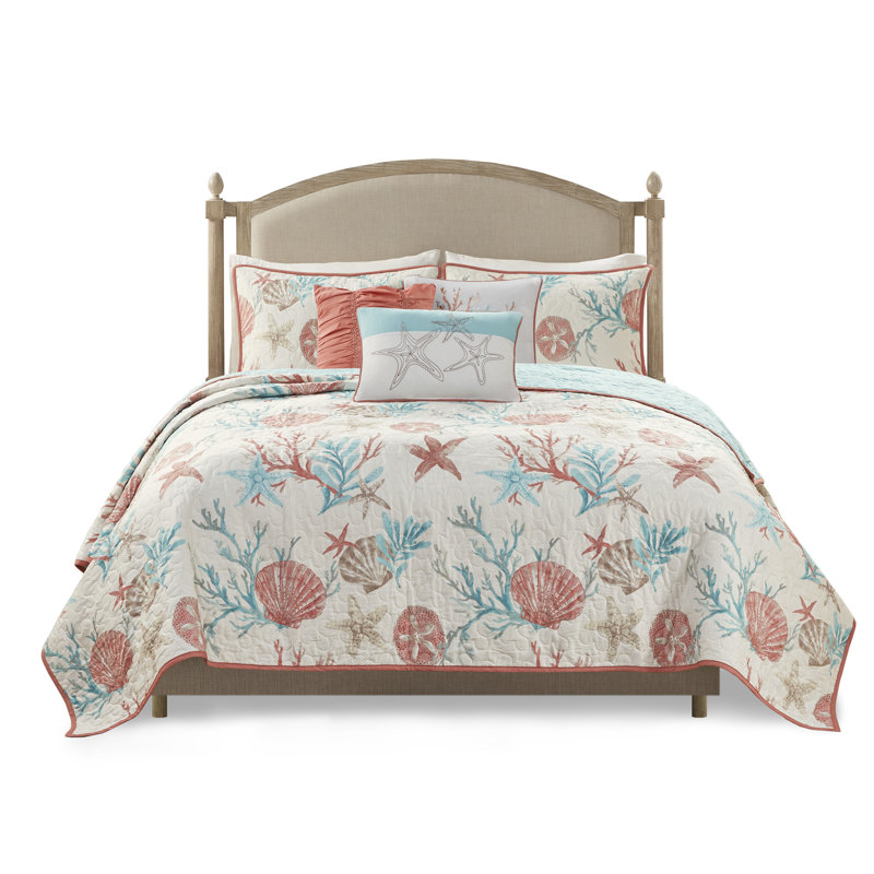 Coral and Teal Coastal Cotton Duvet Cover Set, Full/Queen, 6 Pieces