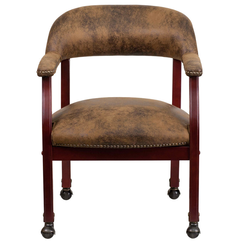 Elegant Bomber Jacket Brown Microfiber Conference Chair with Brass Accents