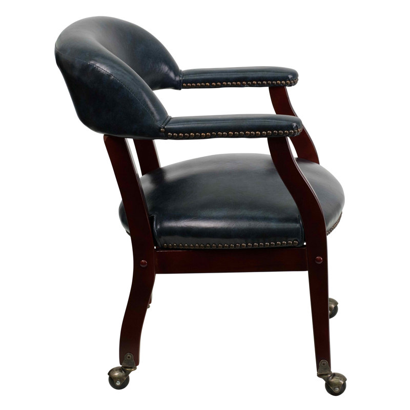 Navy Vinyl Captain's Conference Chair with Brass Casters and Mahogany Frame