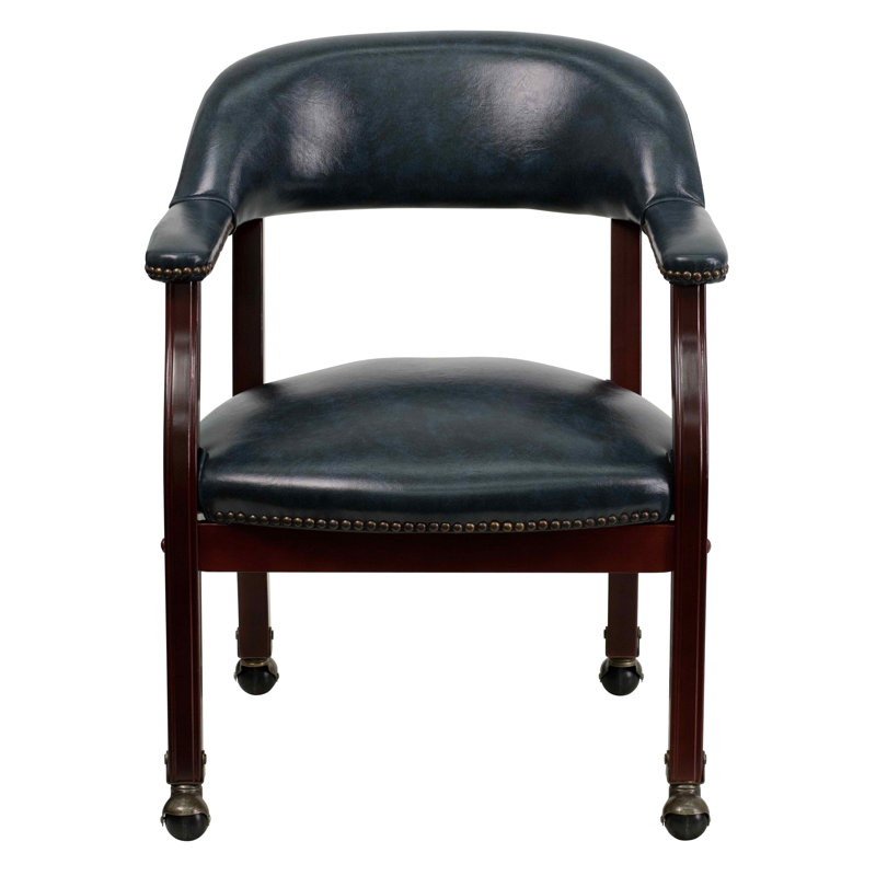Navy Vinyl Captain's Conference Chair with Brass Casters and Mahogany Frame