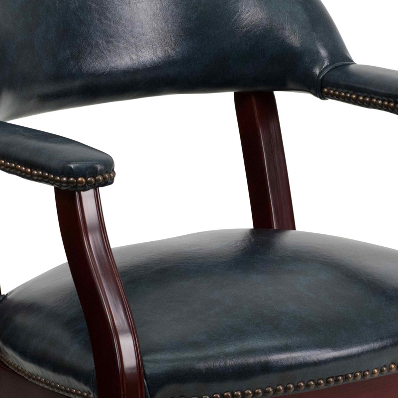 Navy Vinyl Captain's Conference Chair with Brass Casters and Mahogany Frame