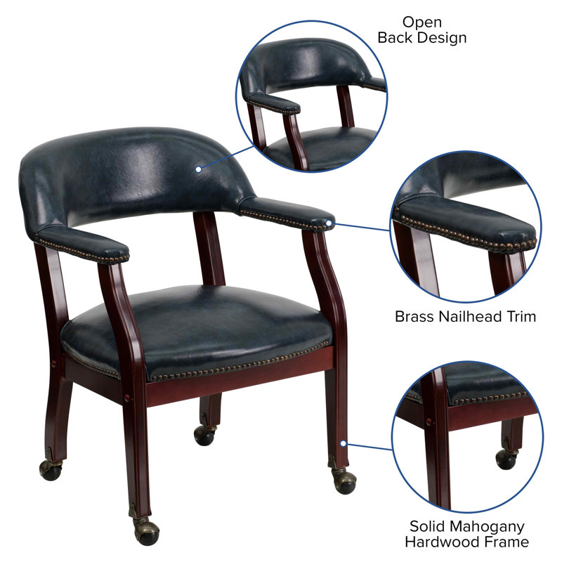 Navy Vinyl Captain's Conference Chair with Brass Casters and Mahogany Frame