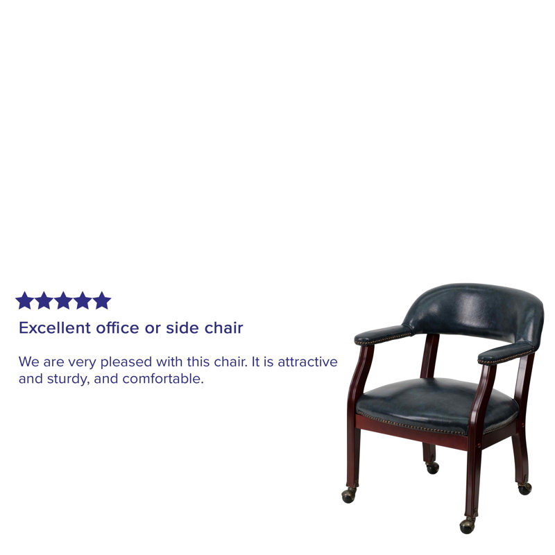 Navy Vinyl Captain's Conference Chair with Brass Casters and Mahogany Frame