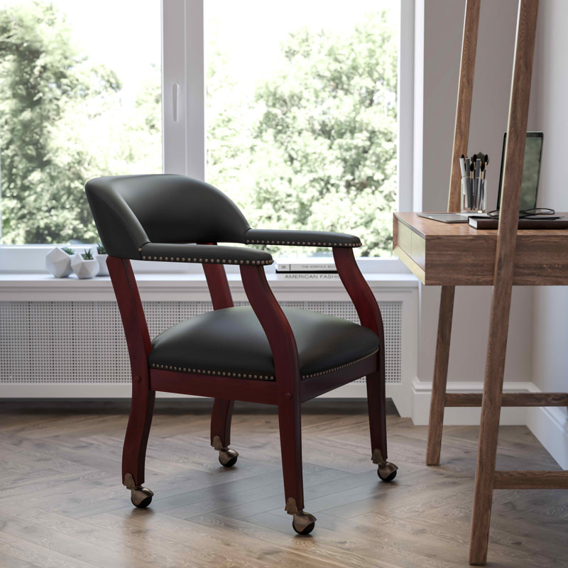 Black Leather Mid-Back Conference Chair with Wood Frame