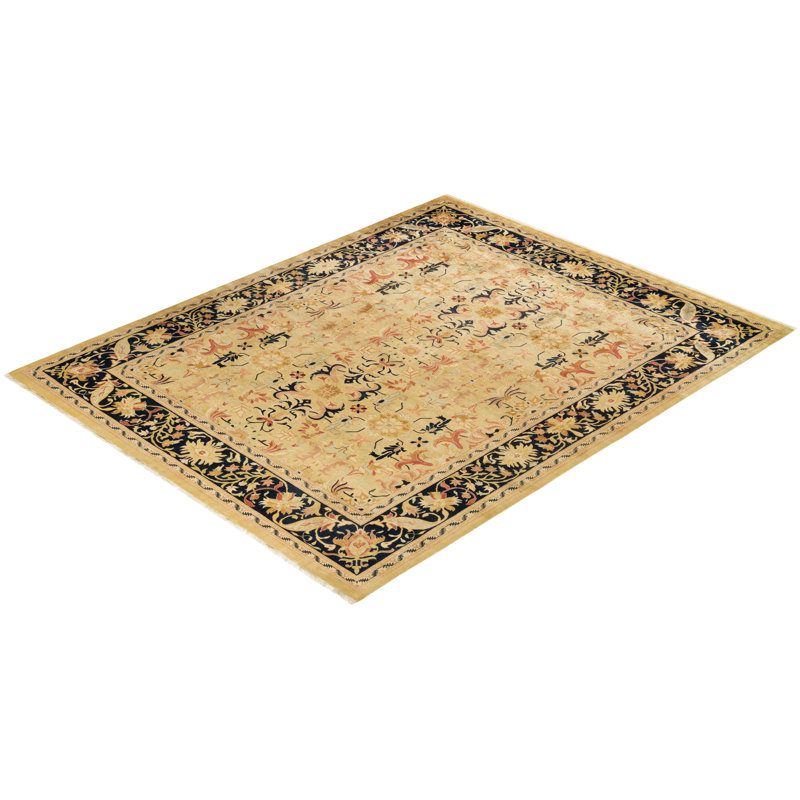 Hand-Knotted Beige and Black Wool Floral Area Rug