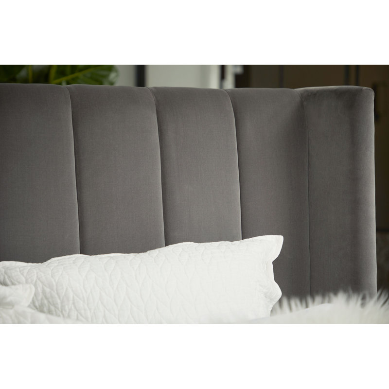 Transitional Dark Gray Velvet King Bed with Oak Accents