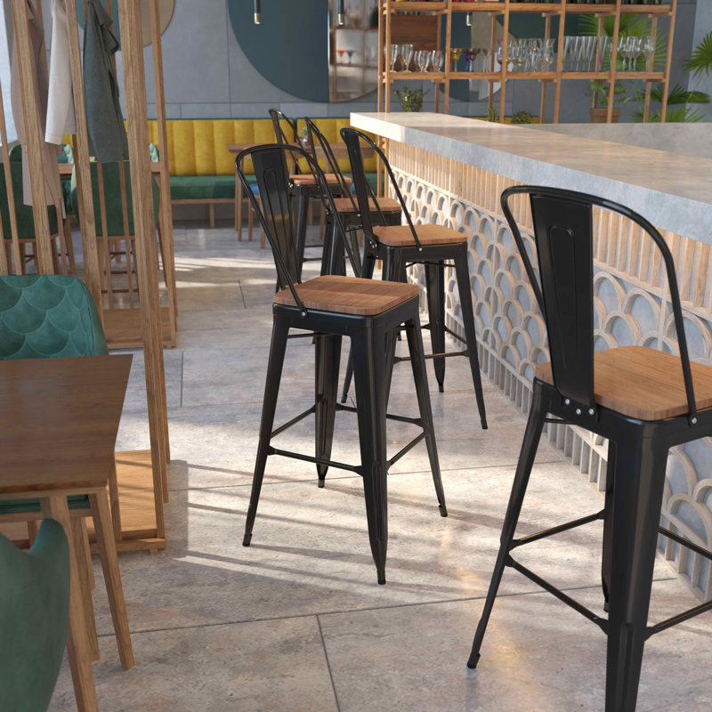 Rustic Bistro-Style Black Metal and Brown Wood Barstool
