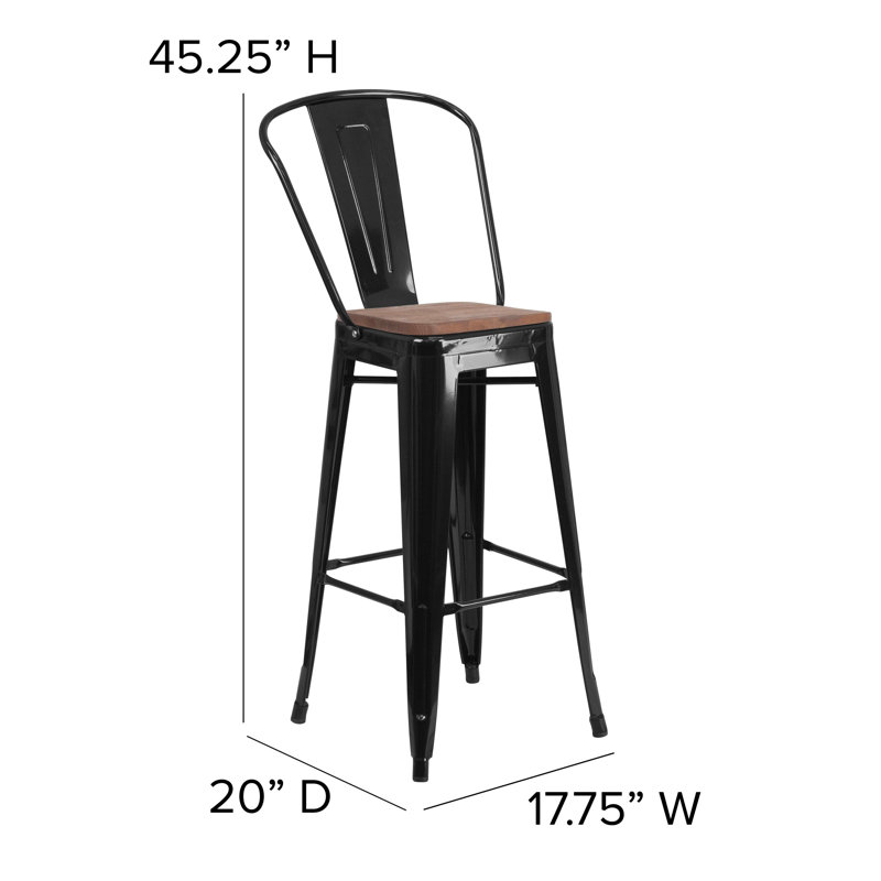Rustic Bistro-Style Black Metal and Brown Wood Barstool