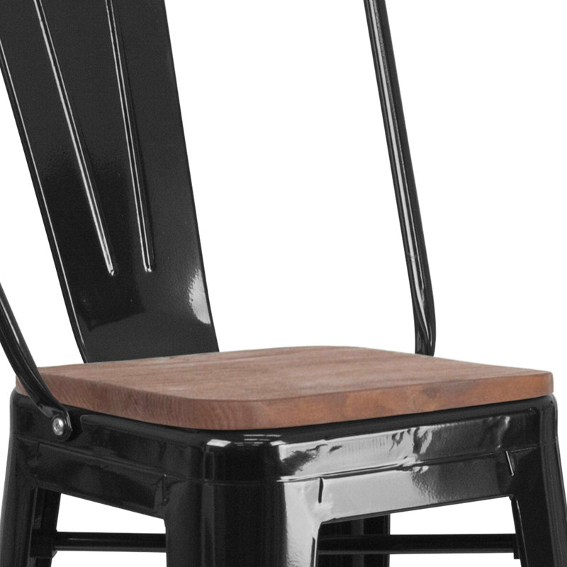 Rustic Bistro-Style Black Metal and Brown Wood Barstool