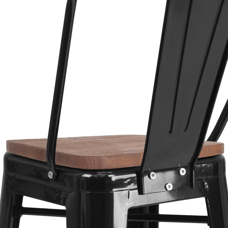 Rustic Bistro-Style Black Metal and Brown Wood Barstool