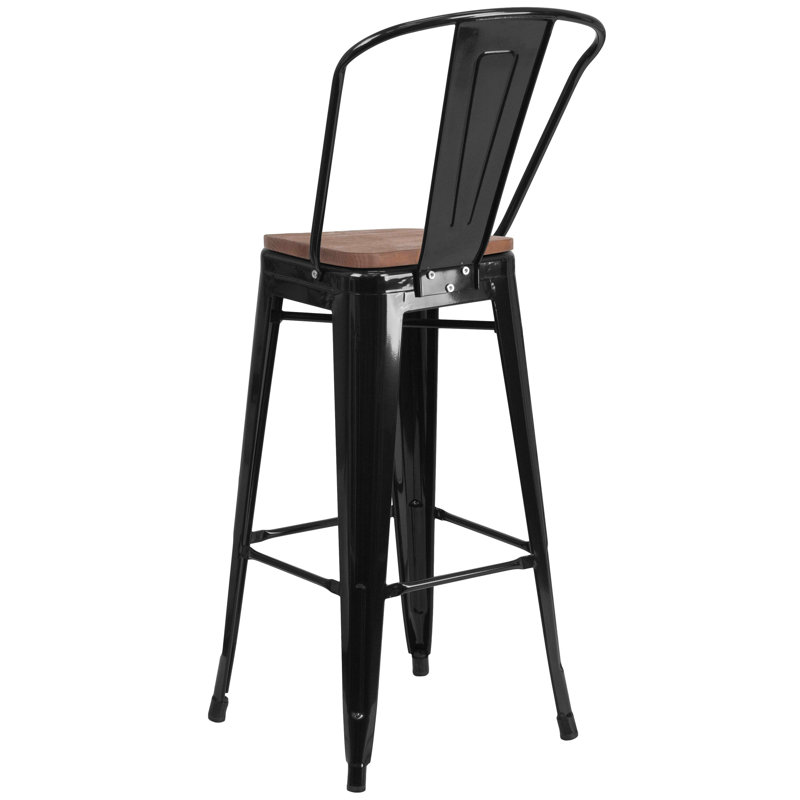 Rustic Bistro-Style Black Metal and Brown Wood Barstool