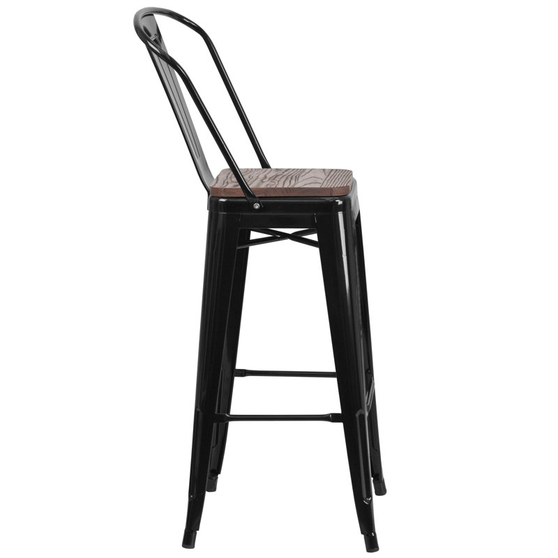 Rustic Bistro-Style Black Metal and Brown Wood Barstool
