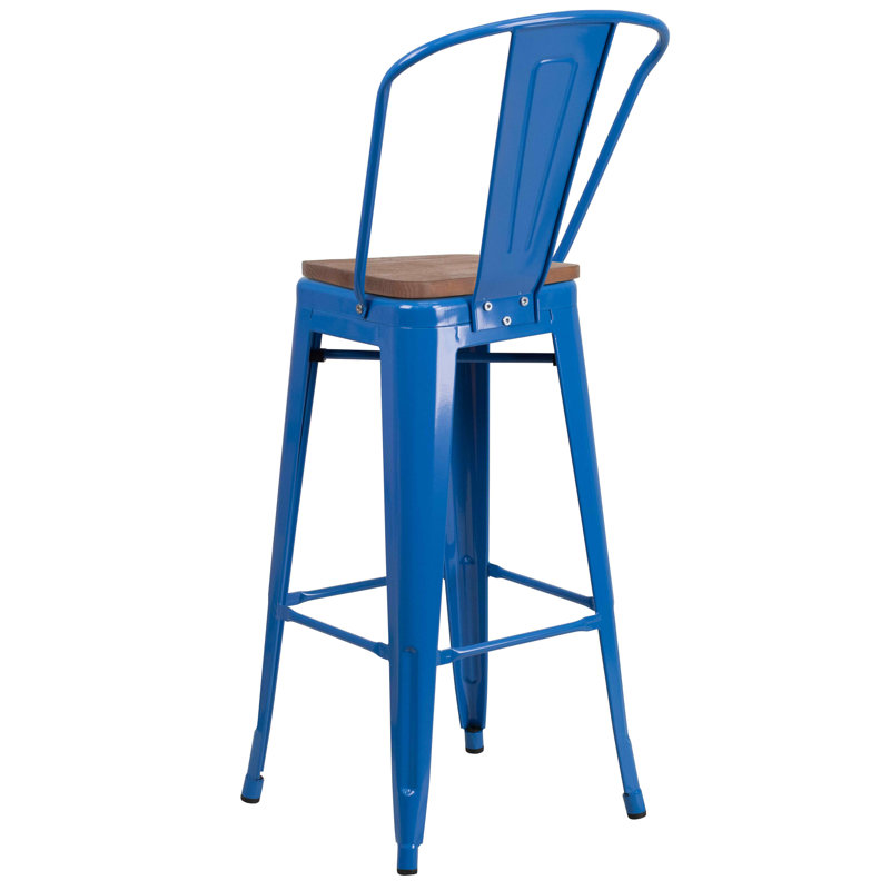 Blue Metal and Wood 30" Bar Height Stool