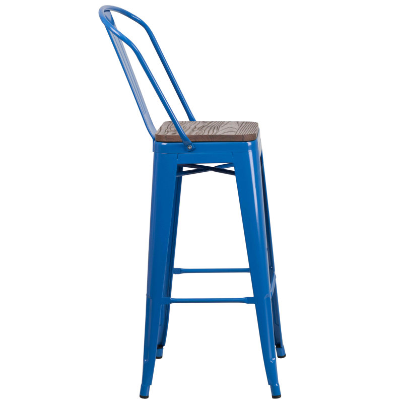 Blue Metal and Wood 30" Bar Height Stool