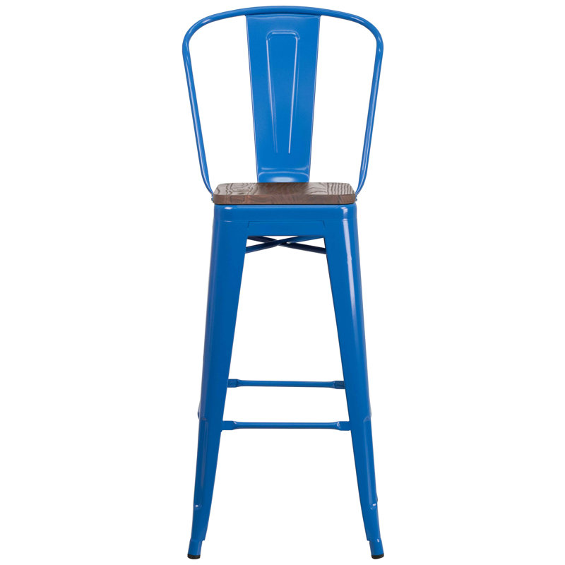 Blue Metal and Wood 30" Bar Height Stool