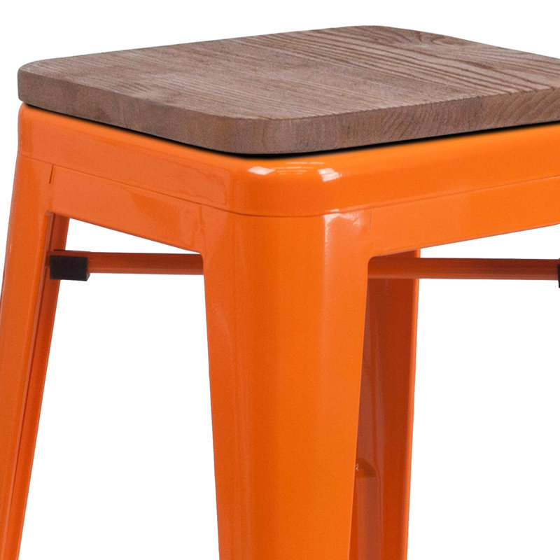 Lily 30" High Backless Orange Metal and Wood Barstool