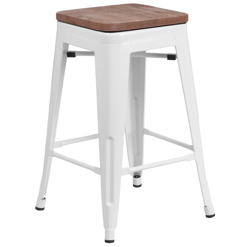 24" White Metal and Brown Wood Backless Counter Stool