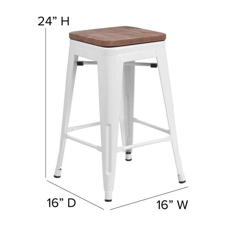 24" White Metal and Brown Wood Backless Counter Stool