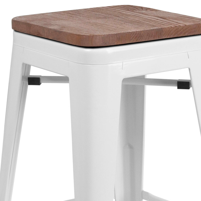 24" White Metal and Brown Wood Backless Counter Stool