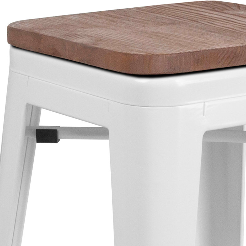 24" White Metal and Brown Wood Backless Counter Stool