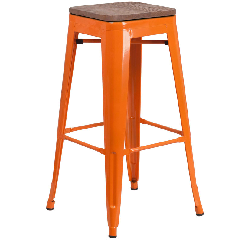Lily 30" High Backless Orange Metal and Wood Barstool