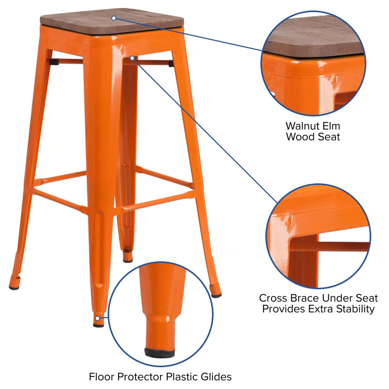Lily 30" High Backless Orange Metal and Wood Barstool