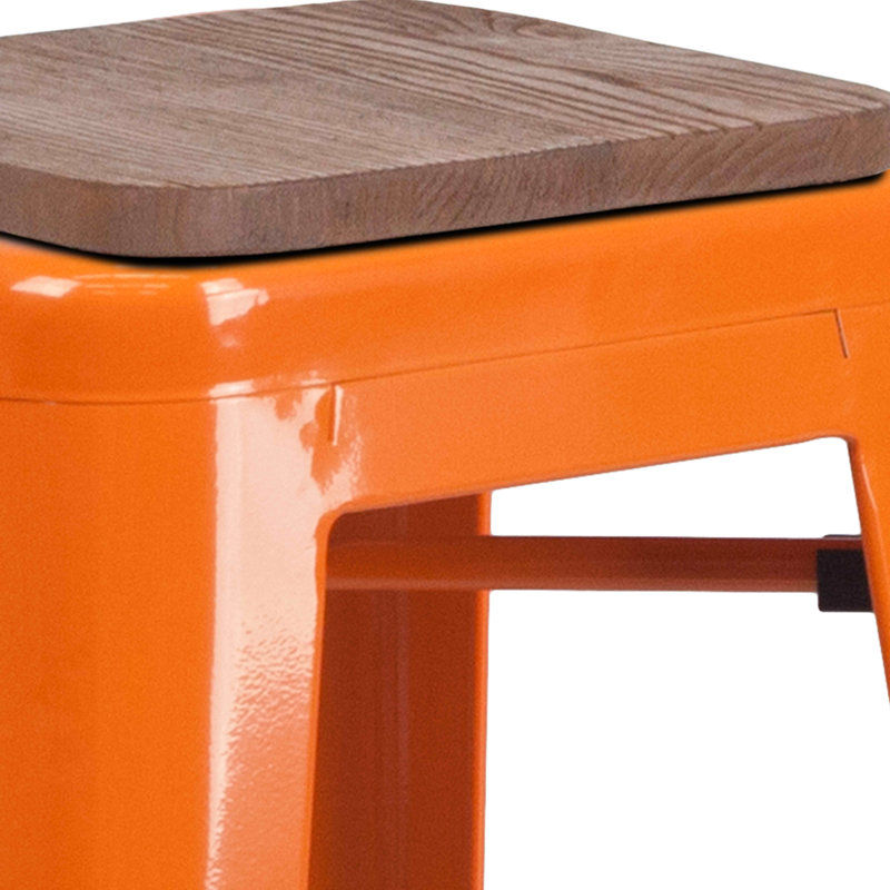 Lily 30" High Backless Orange Metal and Wood Barstool