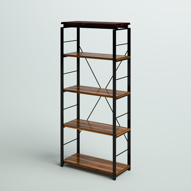 Industrial Oak Brown Bookshelf with Open Metal Frame and X-Shape Support