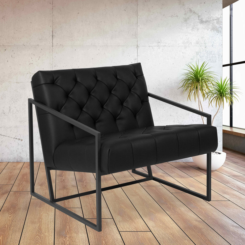 Transitional Black Leather Mid-Back Tufted Lounge Chair with Metal Frame
