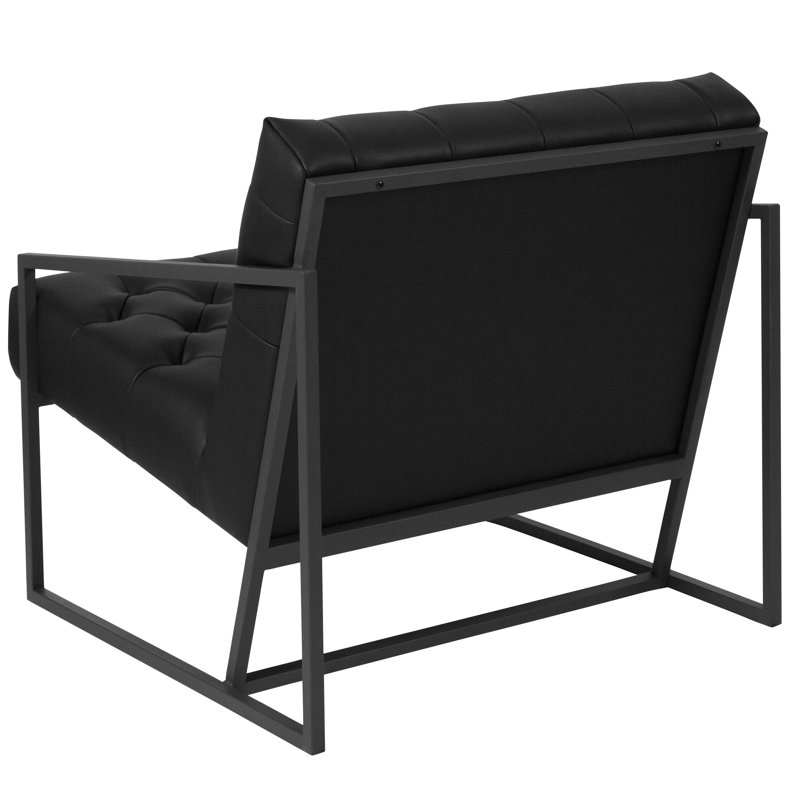 Transitional Black Leather Mid-Back Tufted Lounge Chair with Metal Frame