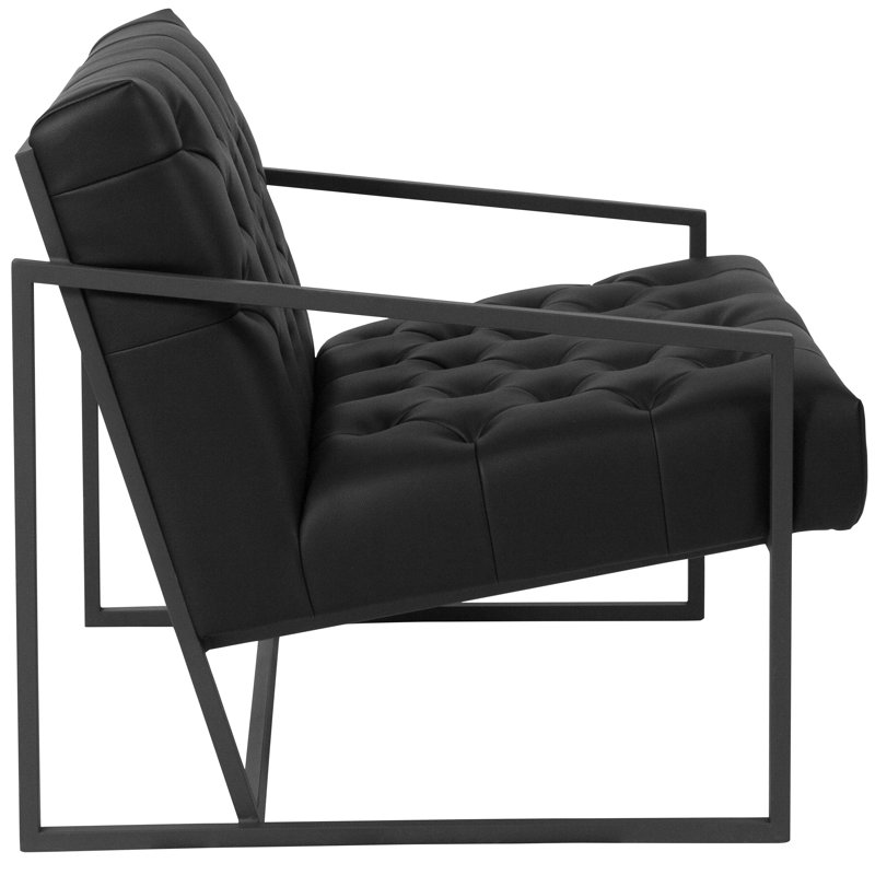 Transitional Black Leather Mid-Back Tufted Lounge Chair with Metal Frame