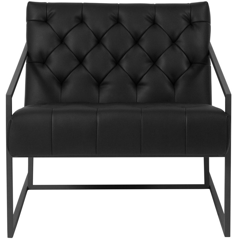 Transitional Black Leather Mid-Back Tufted Lounge Chair with Metal Frame