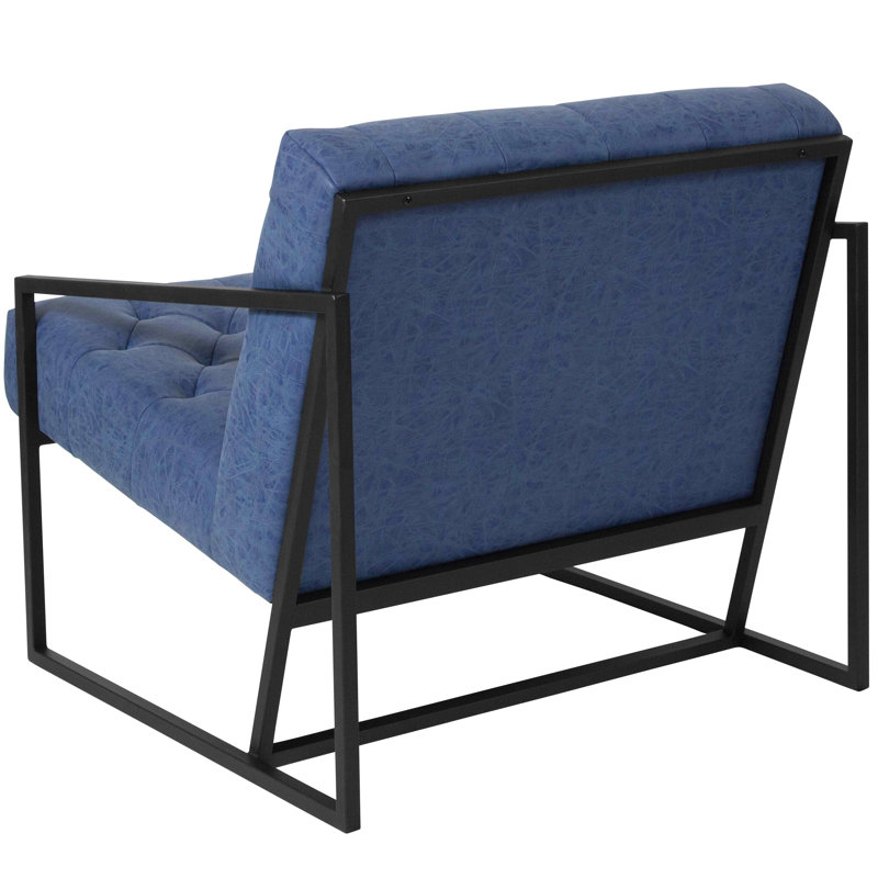 Retro Blue Tufted Leather Lounge Chair with Metal Frame