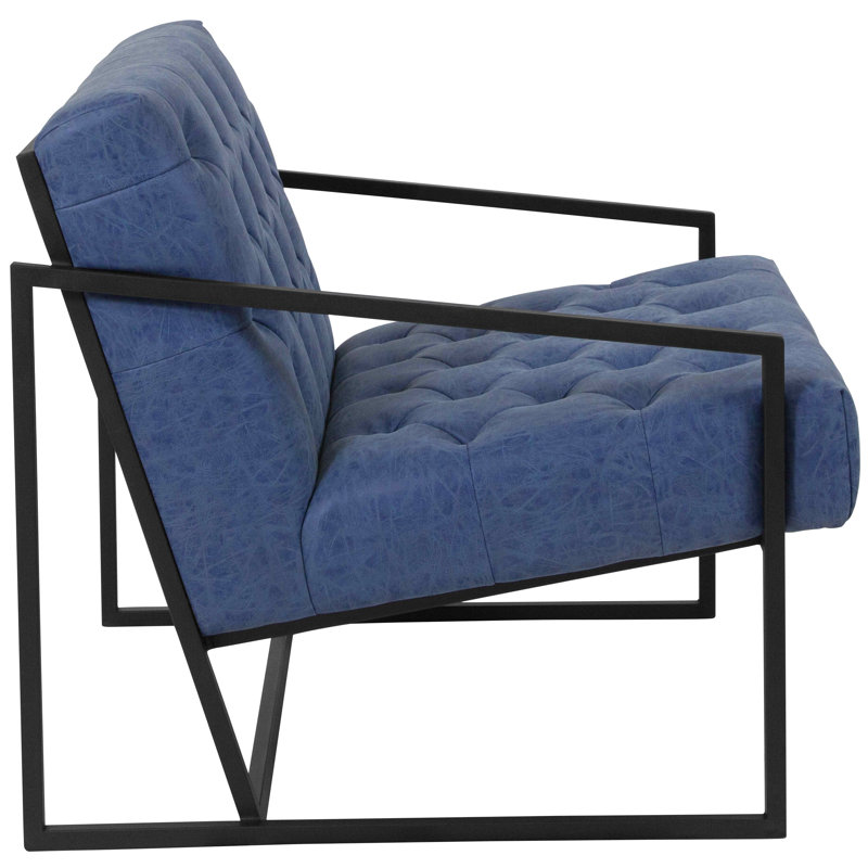 Retro Blue Tufted Leather Lounge Chair with Metal Frame