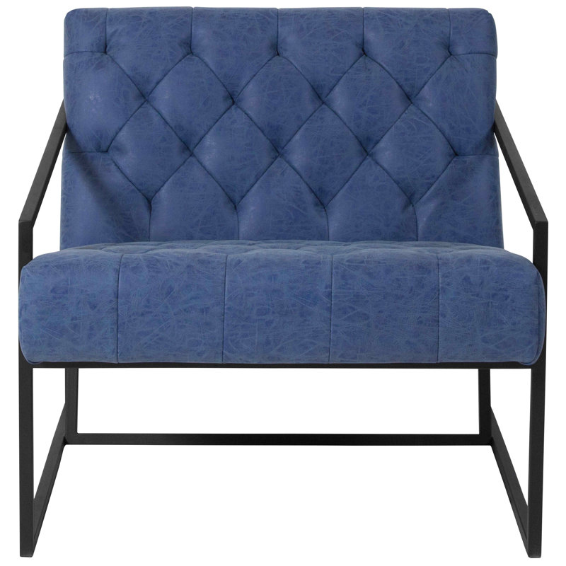 Retro Blue Tufted Leather Lounge Chair with Metal Frame