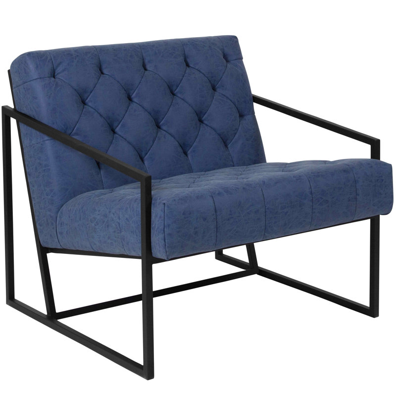 Retro Blue Tufted Leather Lounge Chair with Metal Frame