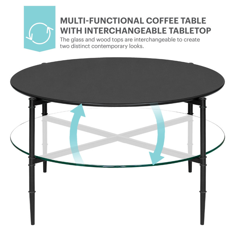 Caroline 38" Round Interchangeable Wood and Glass Coffee Table in Matte Black