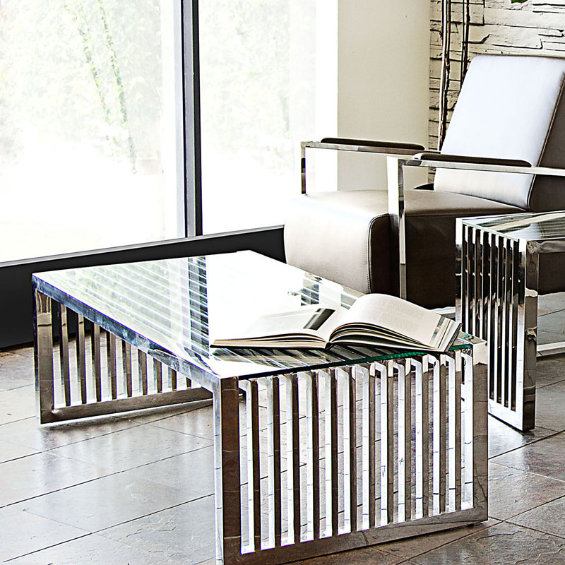 Soho Elegance Stainless Steel Rectangular Coffee Table with Glass Top
