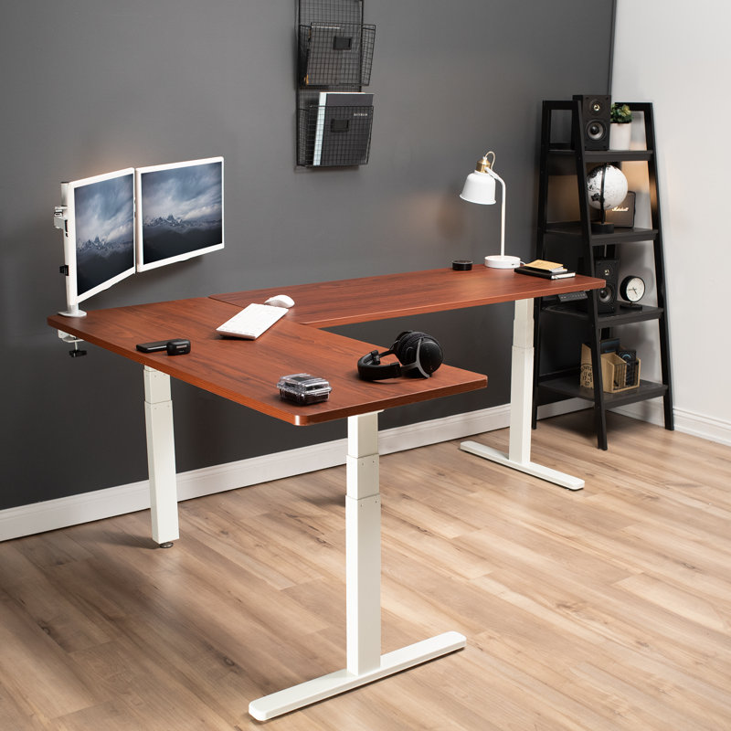 Dark Walnut & White Electric Adjustable L-Shaped Desk with Memory Settings