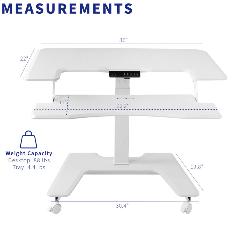 Vivo 36" White Electric Adjustable Mobile Desk with Caster Wheels