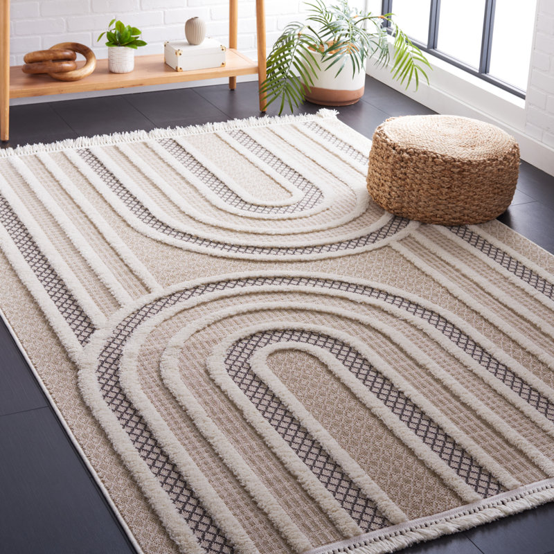 Ivory Geometric Flat Woven Washable Area Rug