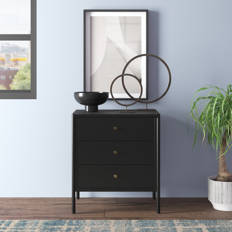 Sleek Modern Black Iron 3-Drawer Chest with Cylindrical Legs