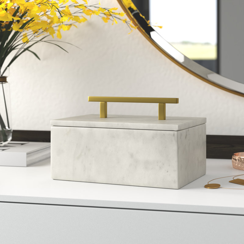 White Marble Decorative Box with Brass Handle