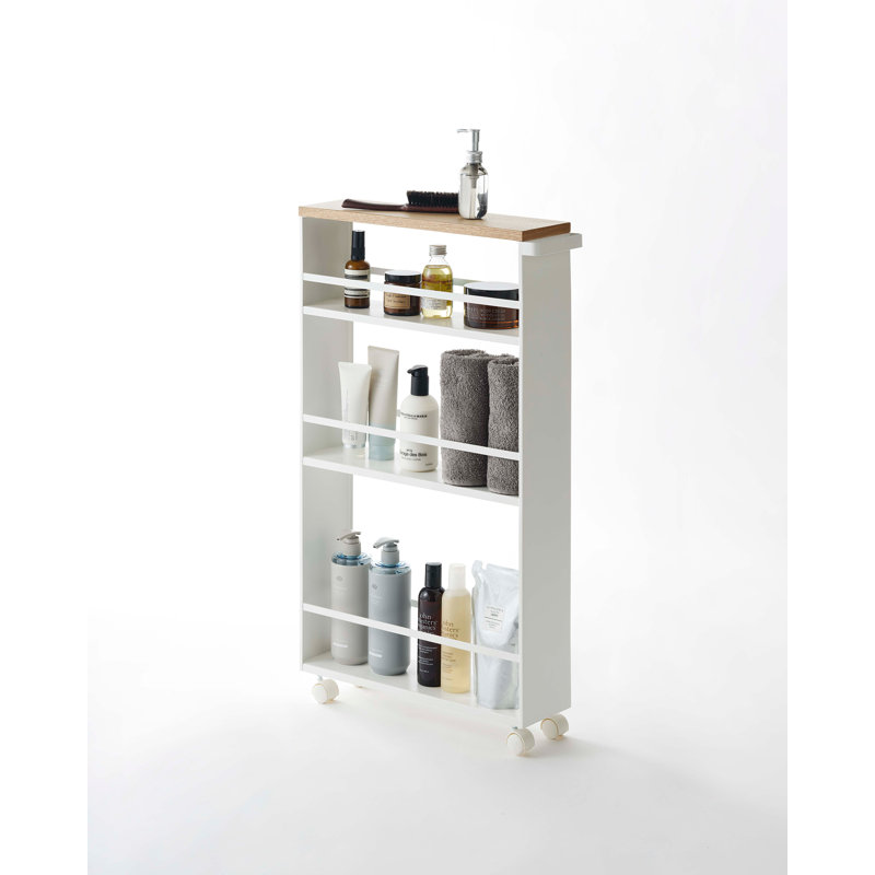Slimline Tower White Steel Three-Tier Rolling Storage Cart with Wooden Accent