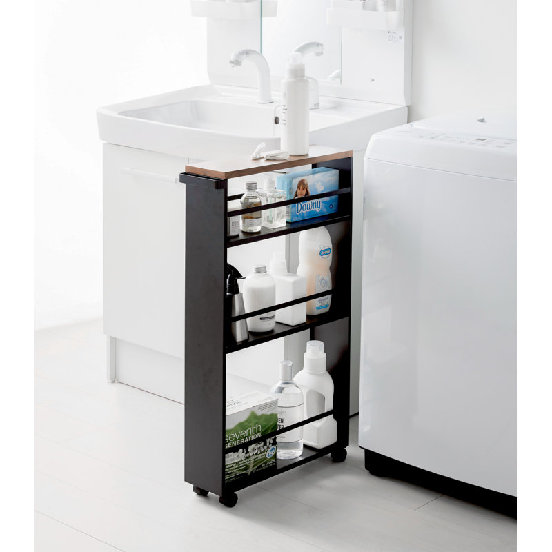 Slim Black Steel Three-Tiered Rolling Storage Cart with Handle