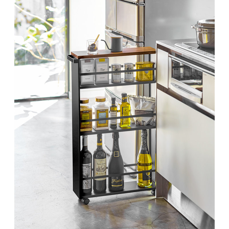 Slim Black Steel Three-Tiered Rolling Storage Cart with Handle