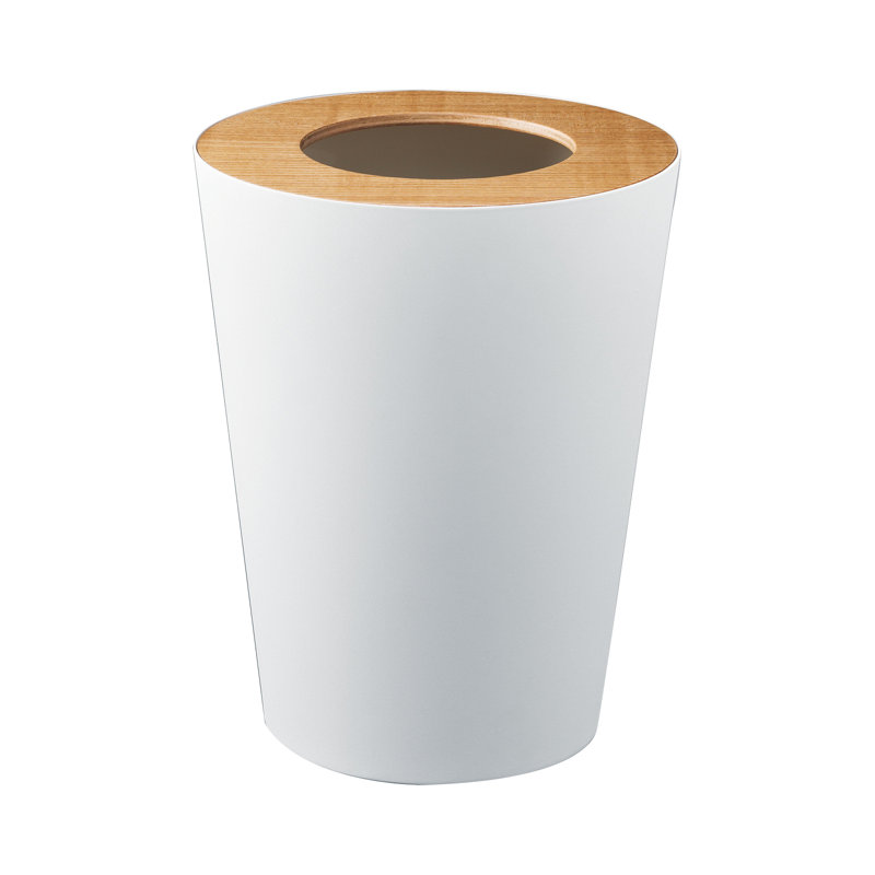 White Ash and Steel Round Trash Can with Wooden Cover