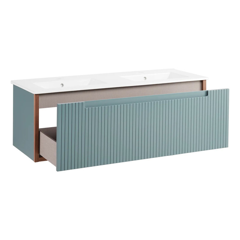 Sage Green Warm Oak 48" Wall-Mounted Double Vanity with Ceramic Sink